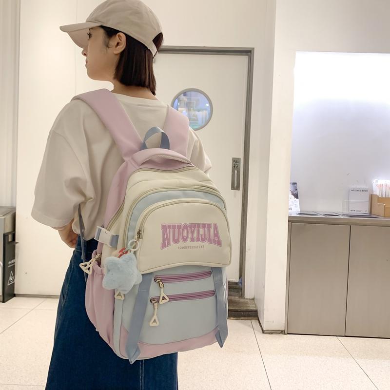 Women's Nylon Backpack Letter Large Capacity Student Schoolbag Color Block Backpack