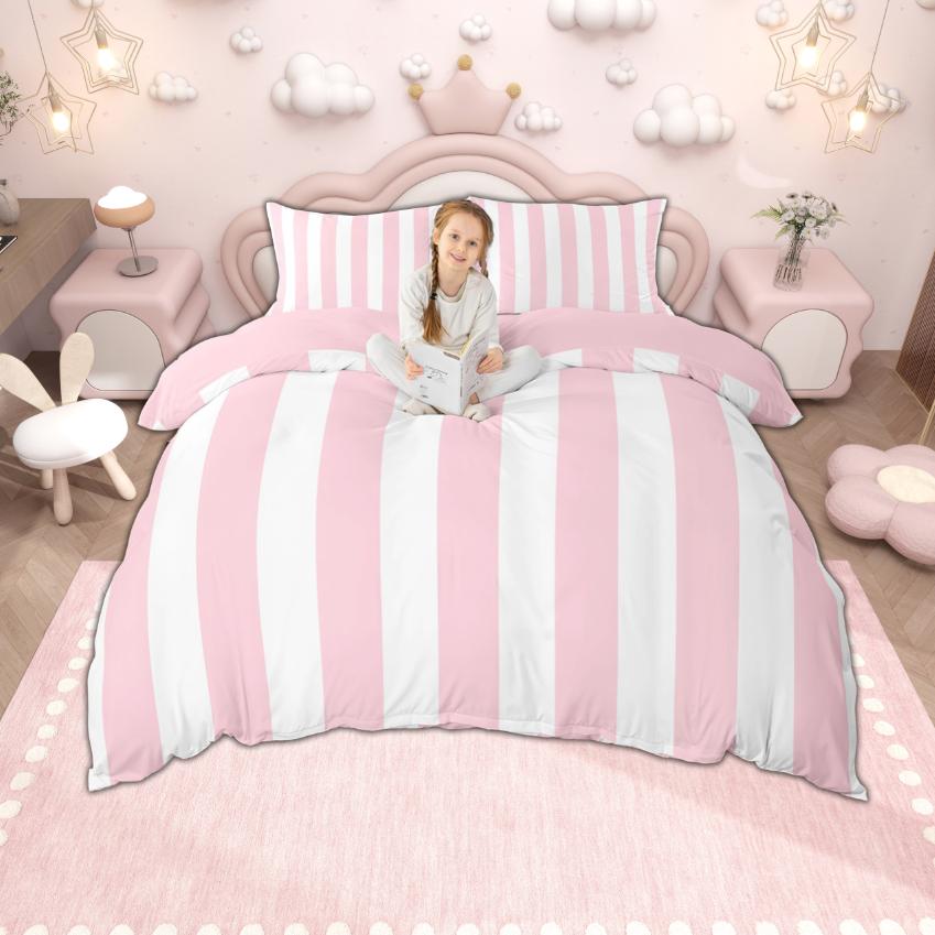 Homewish Princess Stripe Duvet Cover Set Cute Kawaii Bedding Set For Kids Girls Reversible Quilt Cover Set