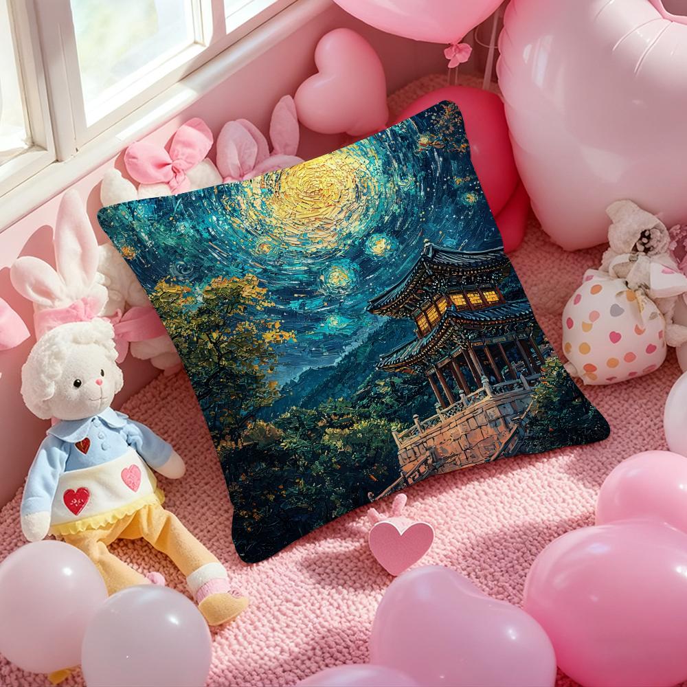 Korea Foguo Temple Cushion Cover Pattern Printed Pillowcase for Living Room Sofa Cushion Cover & Bedroom Decor