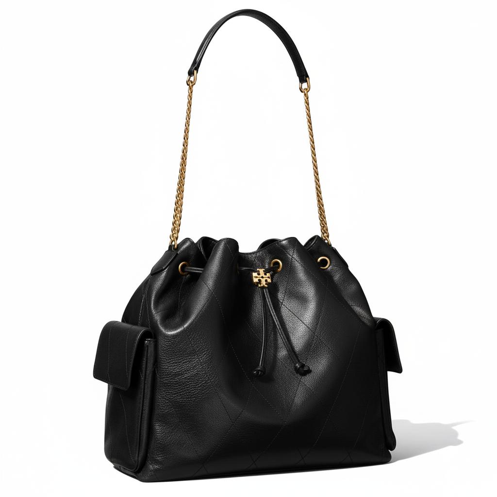 Tory Burch Charlie Drawstring Closure Leather Shoulder Bag Large Women shoulder bag Black 185830-001