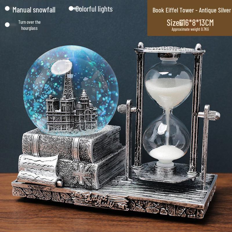 Retro Iron Tower Music Box with Luminous Crystal Ball Hourglass - Perfect for Desktop Ornament or Small Gift for Graduation, Qixi, or Valentine's Day.