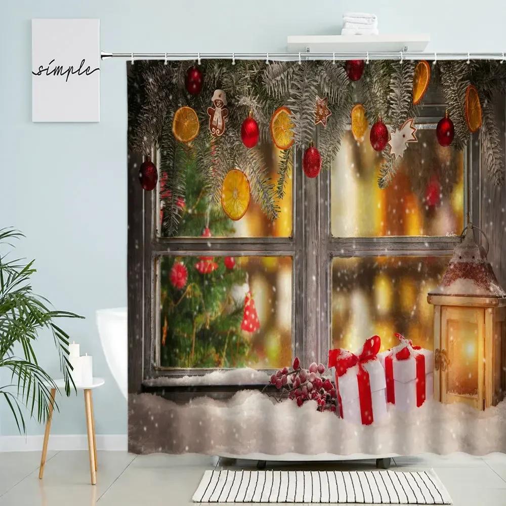 Merry Christmas Shower Curtain Winter Window Scene Snowman Holiday Gift New Year Home Bathroom Decor With Hook Screen Washable