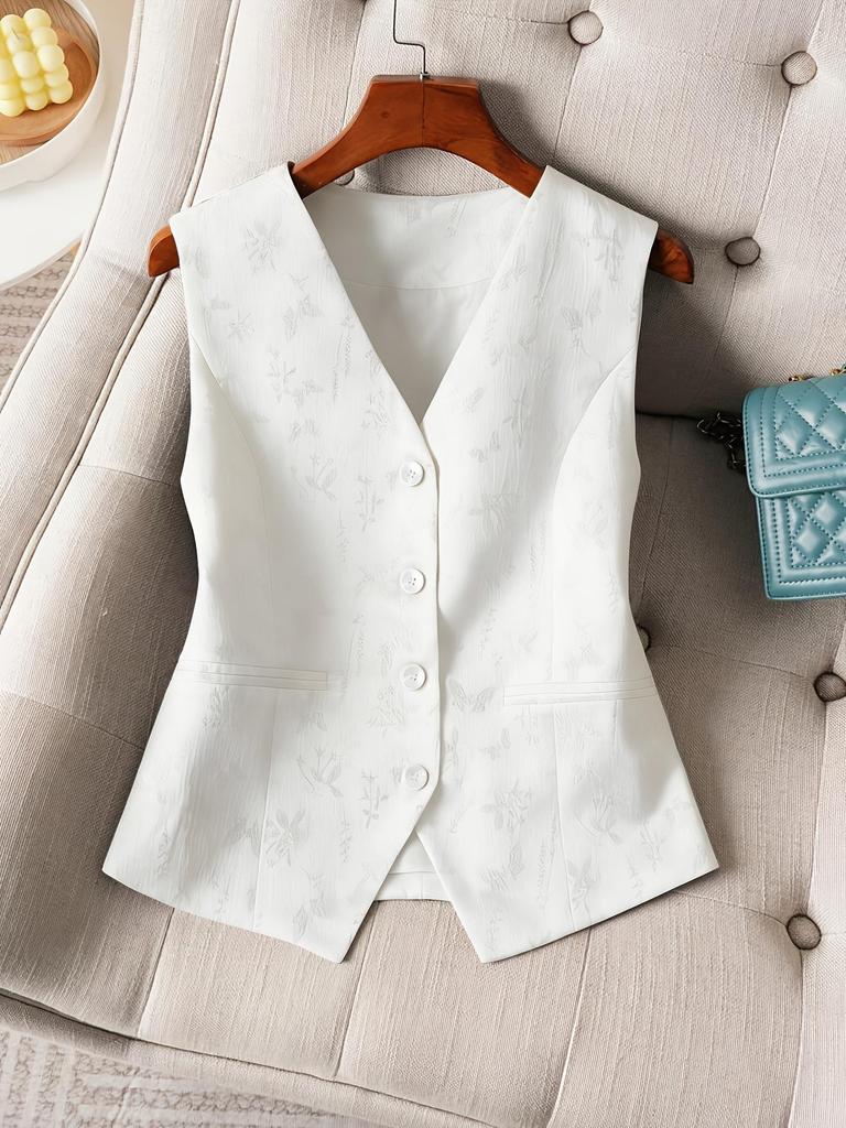 2026 Frühling/Sommer Damen Elegante Florale Jacquard-Weste mit V-Ausschnitt - Große Größen, Einreihige Jacke
