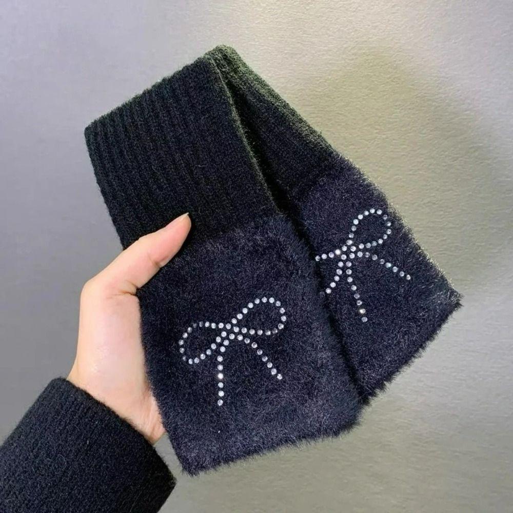 Plush Knitted Gloves Solid Color Half Finger Mittens Cute Bow Gloves  Girl