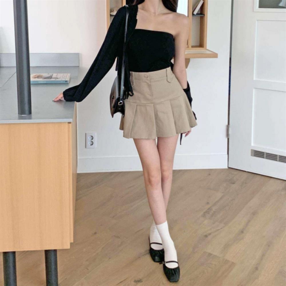 New ArrivalS Open Run Women S Spandex Cotton Half Pleated Mini Skirt Button Acc
