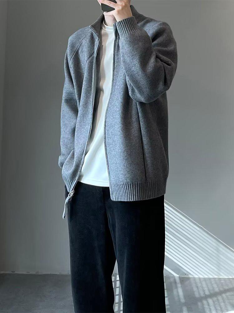 Men's Korean Style Double Zipper Stand Collar Knit Cardigan Jacket for Autumn and Winter Casual Wear