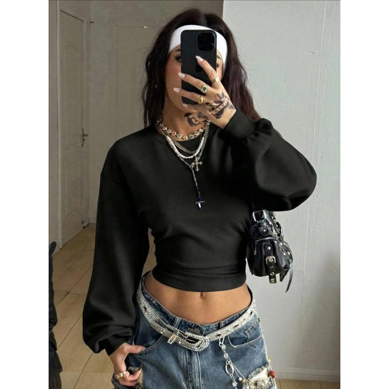 Sudadera con capucha corta para mujer Y2k, manga de farol, Streetwear, ajuste ceñido, top de manga larga