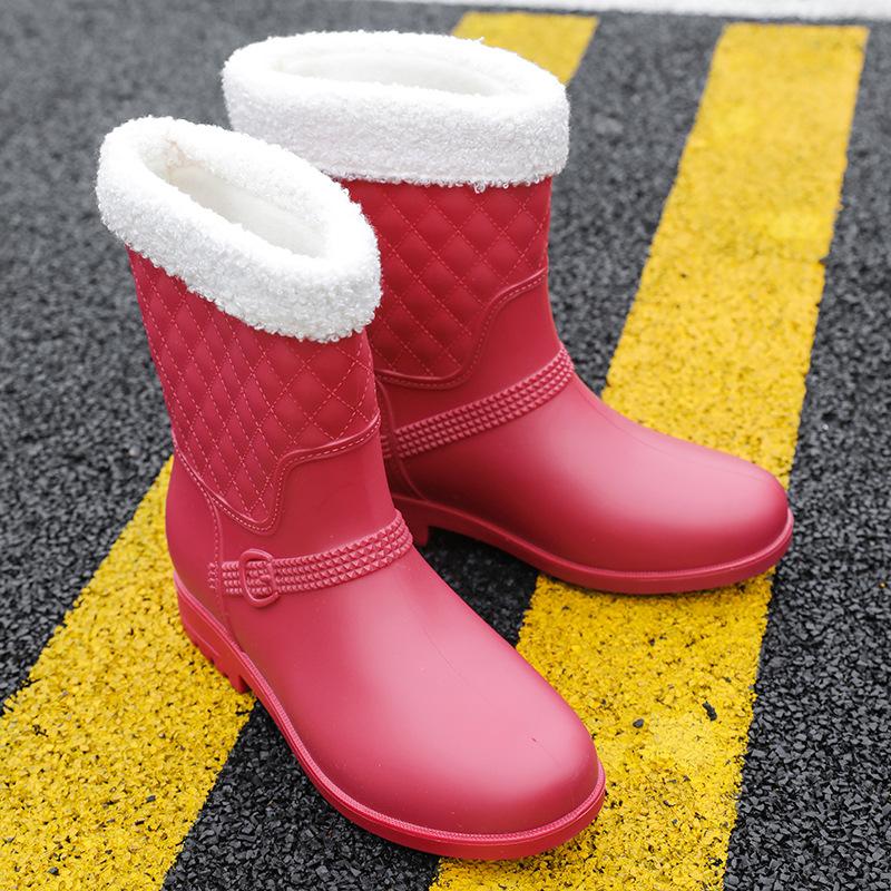 Medium Tube Rain Shoes Women's Rubber Shoes Wear Non-slip Water Boots Water Shoes Velvet Kitchen Work Outdoor Short Rain Boots