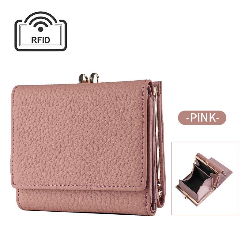 Women Kiss Lock Wallet Short Leather Kiss Clasp Metal Frame Coin Purse Small Card Holder Rfid Blocking Trifold Wallets for Women