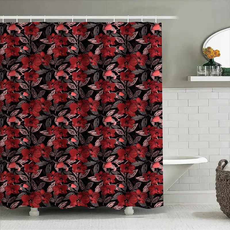 Red Floral Print Shower Curtain Waterproof Bathroom Decor Home Decor Window Drapes Decoration Dark Red Black Pink White Large Si