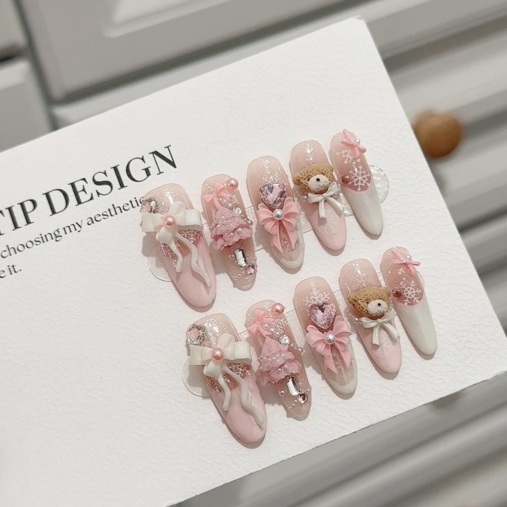 10Pcs Christmas Bear Design Press On Nails Easy To Apply and Remove Fake Nails for Party