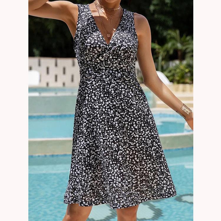 

Повседневное платье-жилет с v-образным вырезом и цветочным принтом, женское пляжное летнее богемное платье с принтом, женское S чёрный
