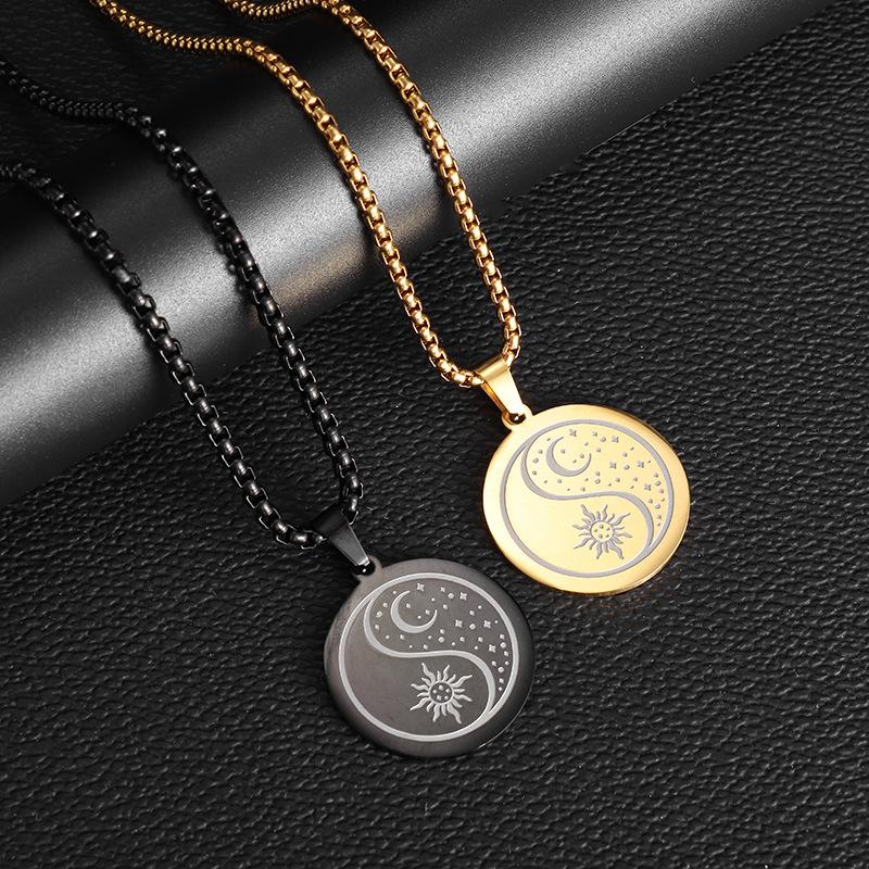 New Stainless Steel Sun Moon Yin and Yang Tai Chi Round Pendant Necklace Creative Stainless Steel Jewelry for Men and Women