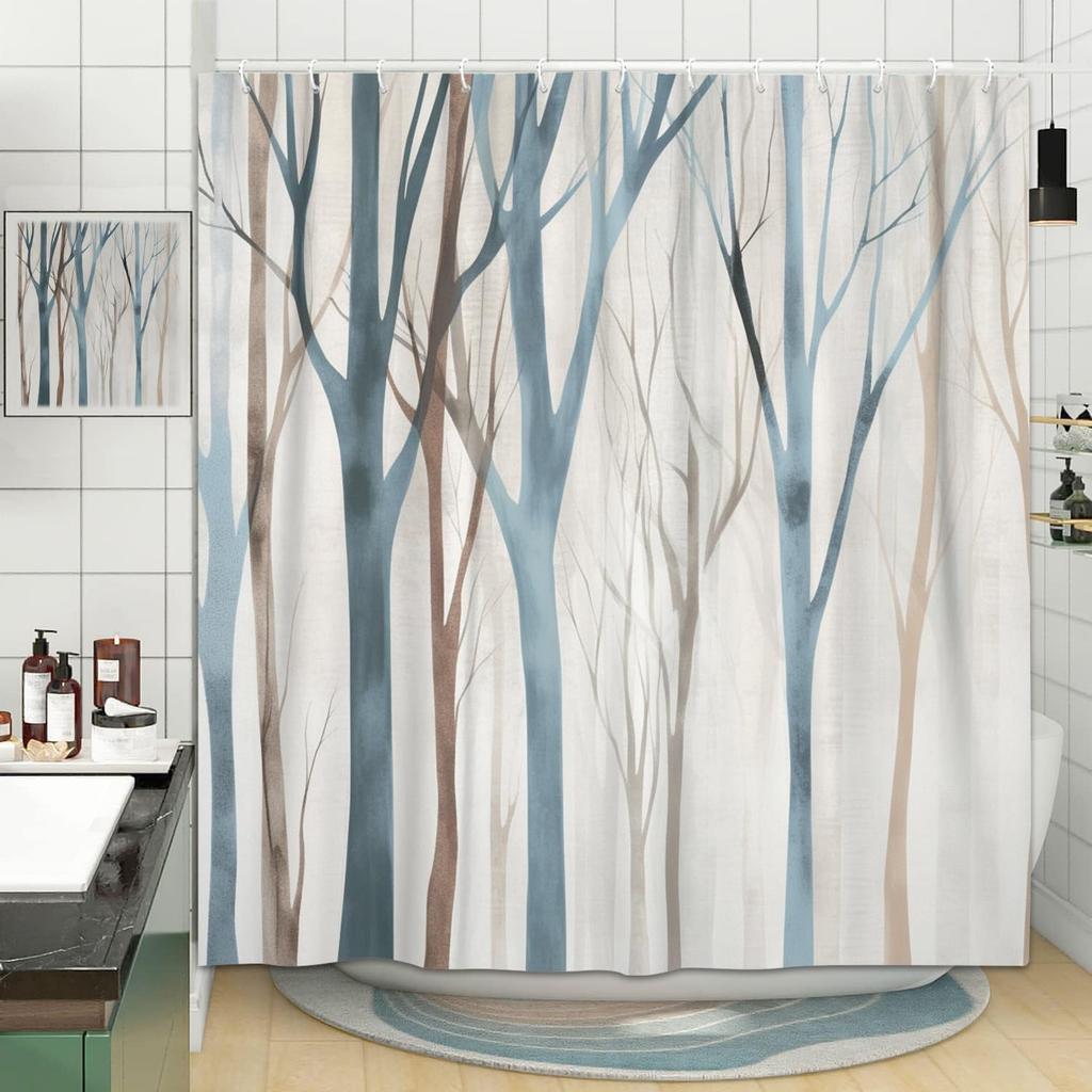Brown And Blue Trees Fabric Shower Curtain, Art Abstract Birch Forest Rustic Wood Polyester Fabric Waterproof Shower Curtain