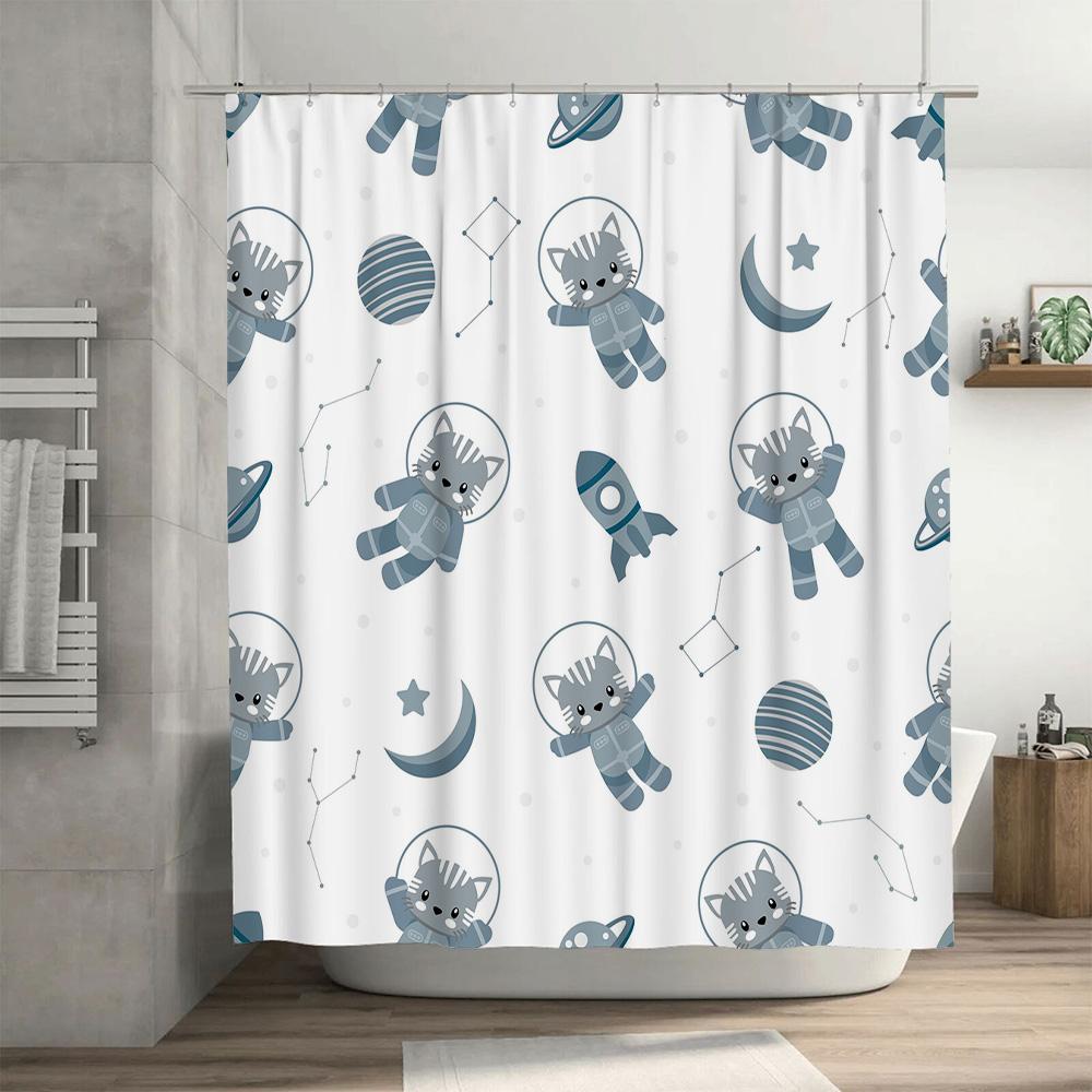 Stylish Cartoon Astronaut Cat Print Bathroom Curtain Set Waterproof Shower Curtain for Kids Bathrooms Decor Home Accessories