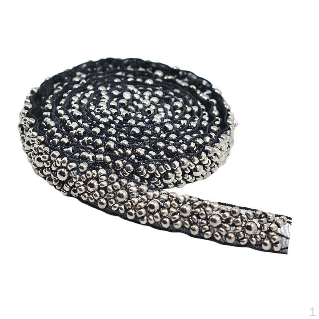 

1 Yard Handmade Pearl Beaded Galloon Ribbon Lace Embellishment 1cm Wide Black and grey