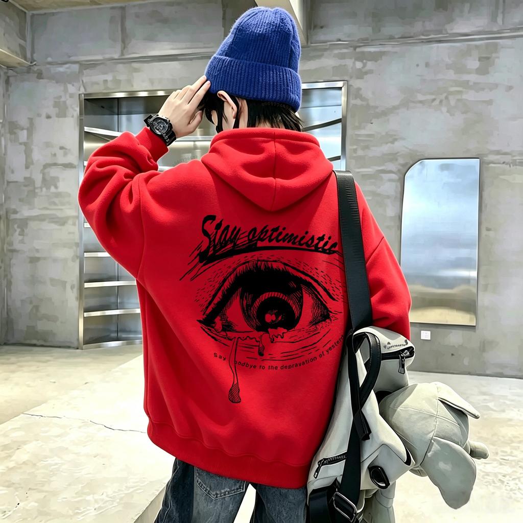 Latest style French pattern eye design children's hooded pullover sweatshirt with long sleeves and loose fit for boys and girls