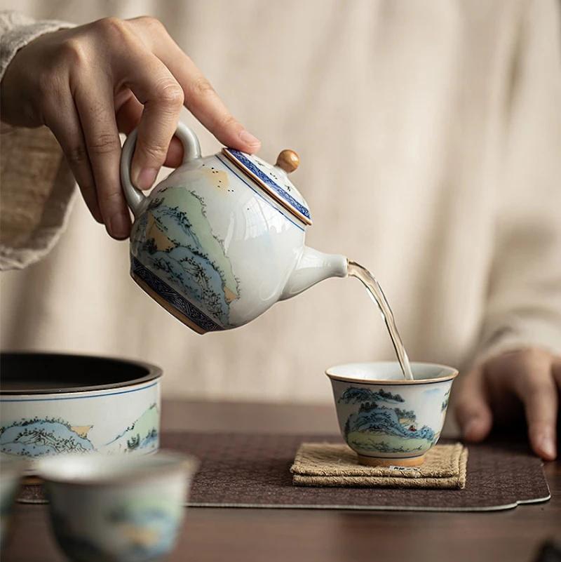 Starožitná konvice na krajinu Čínský čajový set Keramický čajový servis Mléčný oolong Čaj Tie Guan Yin Jasmínové čajové nádobí Typ Lily Deng