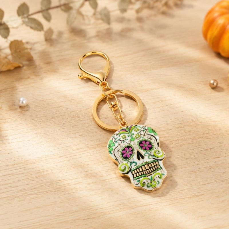 Halloween Skull Keychain Charm, Floral Skull Bag Charm with Alloy Hardware, Lobster Clasp and Round Key Ring for Keys