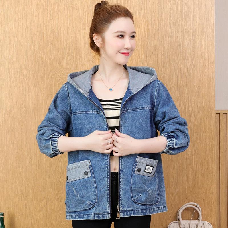 

Модная джинсовая куртка женская короткая весенняя новая большого размера свободная повседневная куртка с капюшоном для мамы L синий