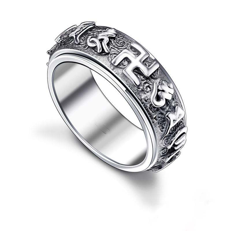 Anello Rotante Vintage da Uomo con Om Mani Padme Hum Scrittura Tibetana Argento Regolabile Dito Elegante Singolo