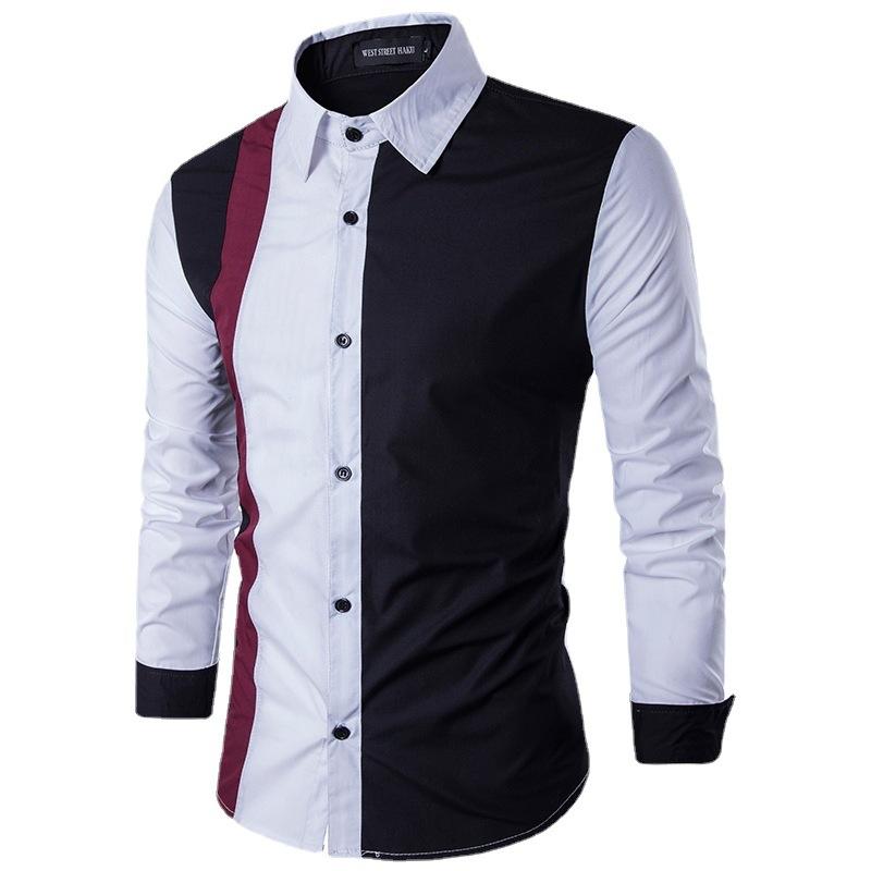 Men's Long Sleeve Button Front Patchwork Shirt Slim Fit Casual Formal Top