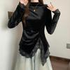 Women's Gold Velvet Slim-Fit Lace Top: Irregular, Long Sleeve, Half-High Collar, for Autumn and Winter.