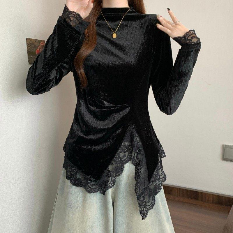 Women's Gold Velvet Slim-Fit Lace Top: Irregular, Long Sleeve, Half-High Collar, for Autumn and Winter.