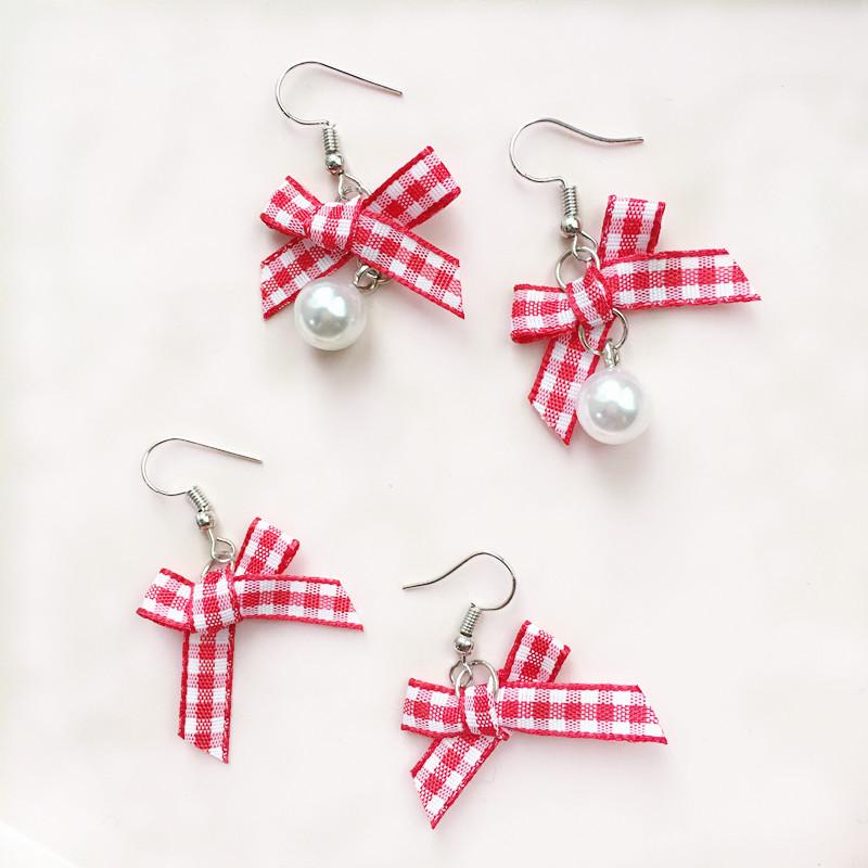 Harajuku Cute Plaid Bow & Mink Fur Ball Earrings with Strawberry Cake Dangles