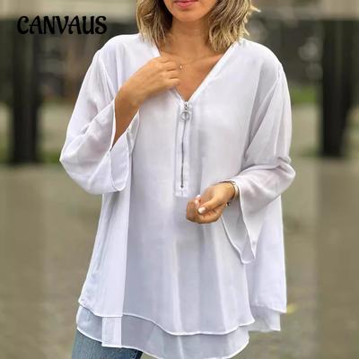 Women's Plus Size Blouse V-Neck Casual Top Metal Zip Loose Casual Top