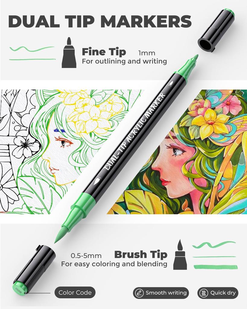 JusArt Acrylic Marker Paint Markers with Brush Tips Fine and Fine Acrylic Art Suitable for and Metallic Gift Idea Pens, 48-Color Set, (Both Tips),