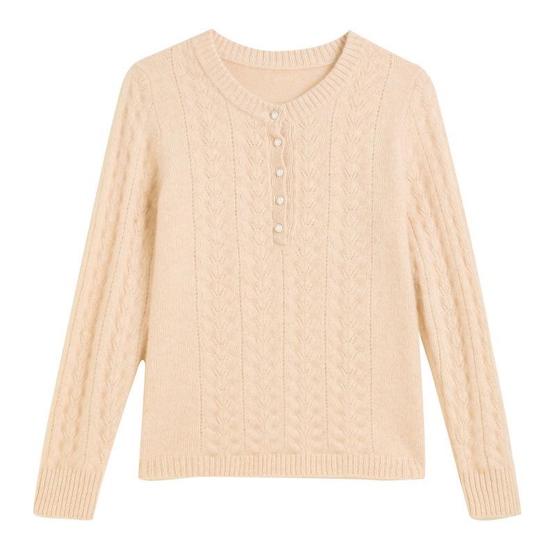 Women's Pure Cashmere Thickened Hollow Round Neck Sweater – Long Sleeve, Warm Knitwear for Autumn and Winter