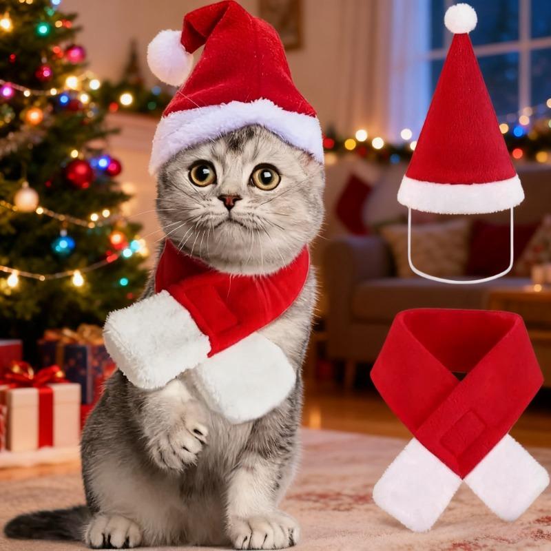 1-20Suits Christmas Pet Costume Outfit Santa Hat Scarf for Cats Small Dogs Holiday Party Pets Party Costume Accessories Supplies