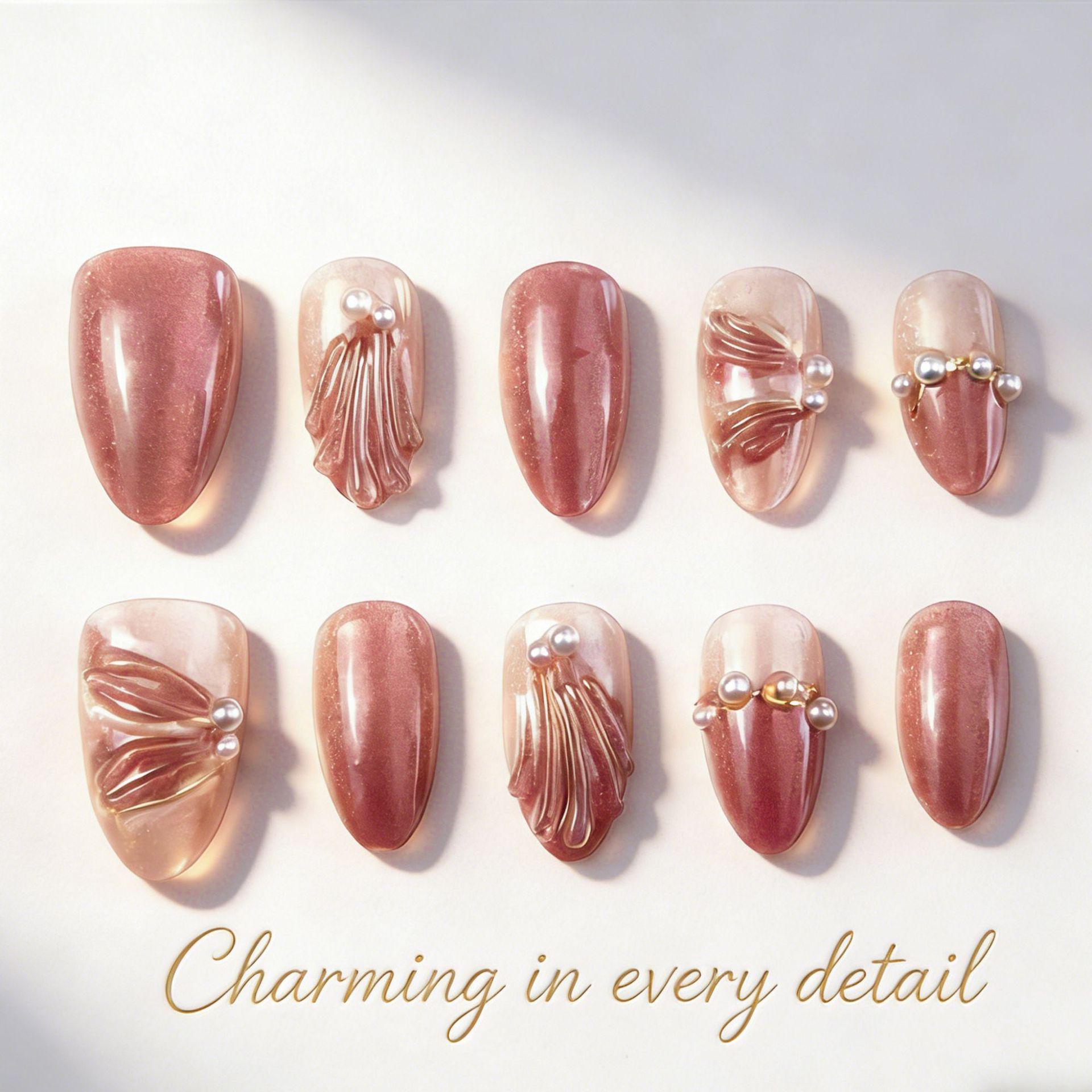 30-Piece Cat Eye Gold Foil Nails: 3D Bow, Pink French Pearl Manicure Tips Finished Set (3 Pairs with Rhinestones)