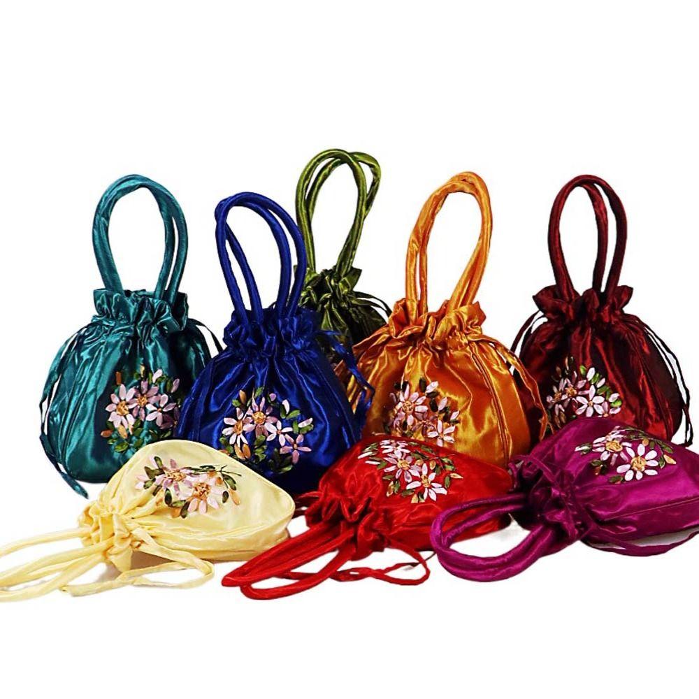 Leaf Embroidery Flower Handbag Ethnic Style Small Purse Wallet Hanfu Drawstrings Bag  Travel