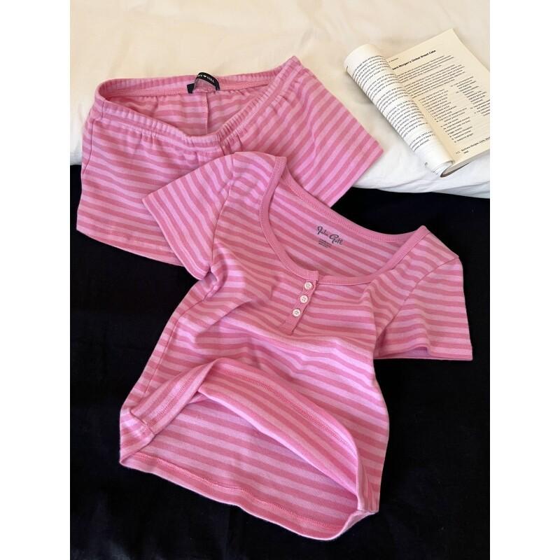 Korean sweet girl simple style pink striped pajamas women's spring summer short-sleeved shorts thin loungewear set