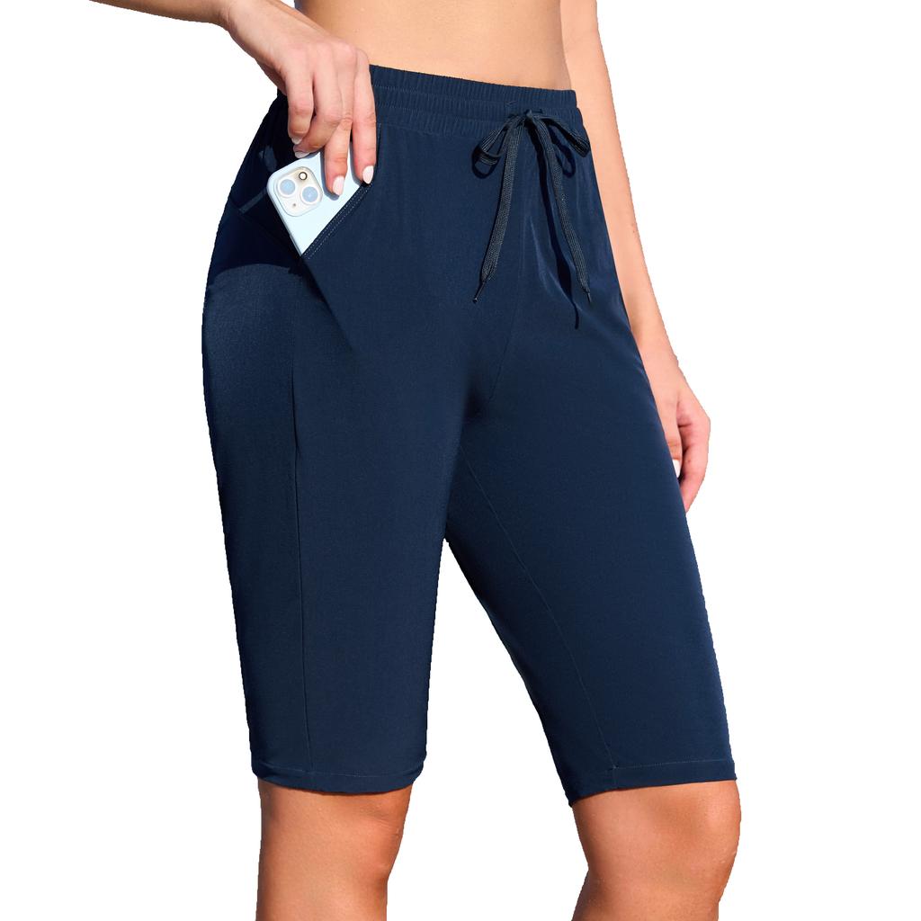 CHARMLEAKS Swim Shorts Women with Pockets Drawstring Womens Board Shorts for Swimming with Liner Knee Length