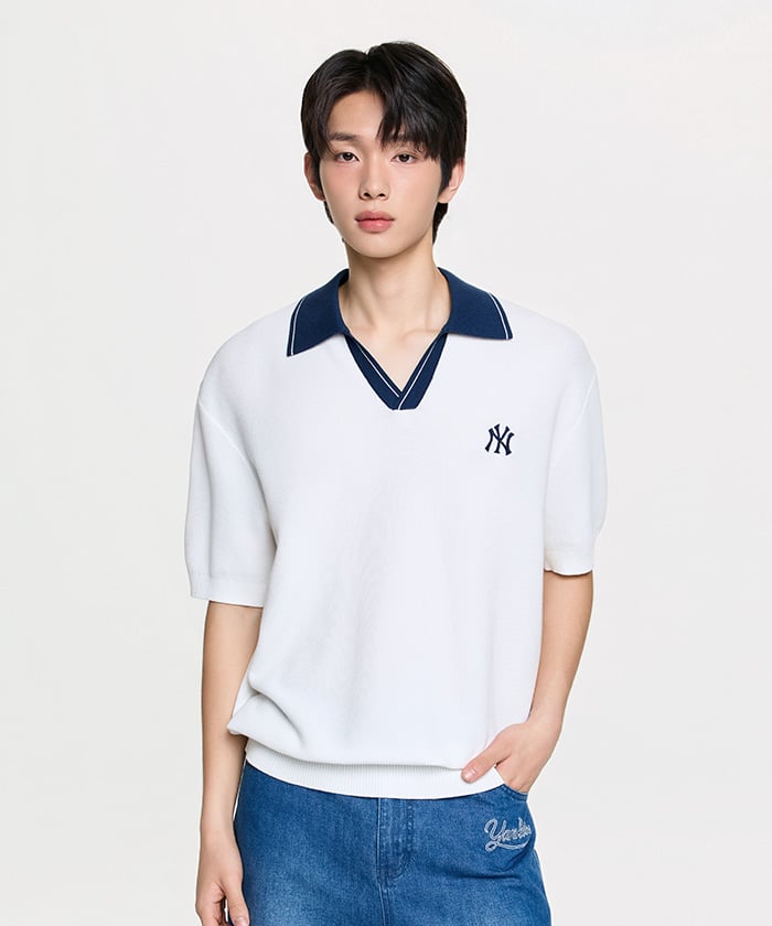 Emelbi Varsity Tuck Knit Open Collar Short Sleeve Knit Ny (Ivory)