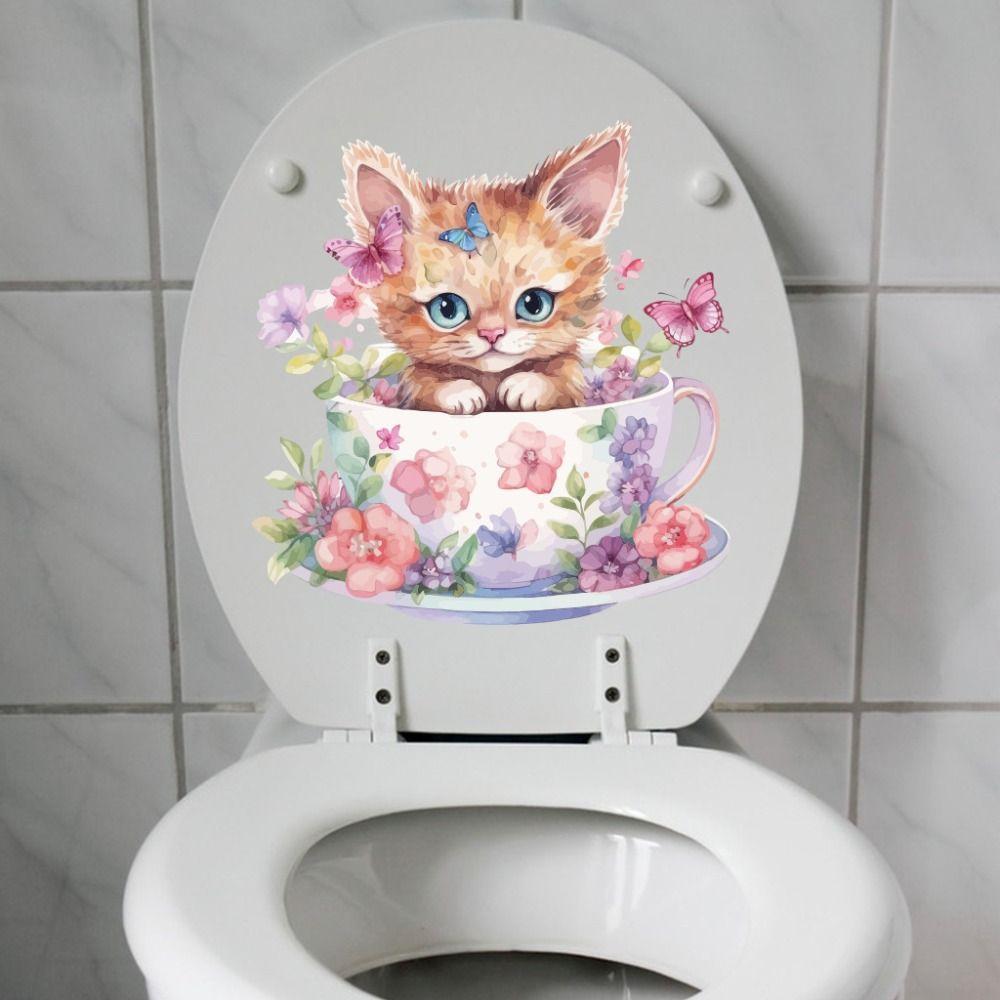 Self-adhesive Cat Wall Decals Cartoon Cartoon Bathroom Mural Creative Cat Toilet Sticke  Toilet Lid