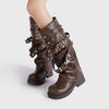 Punk Style Rivets Belt Buckle Design Knee Boots Women Fashion Round Toe Narrow Band Knight Boots Comfort Non-slip Platform Boots
