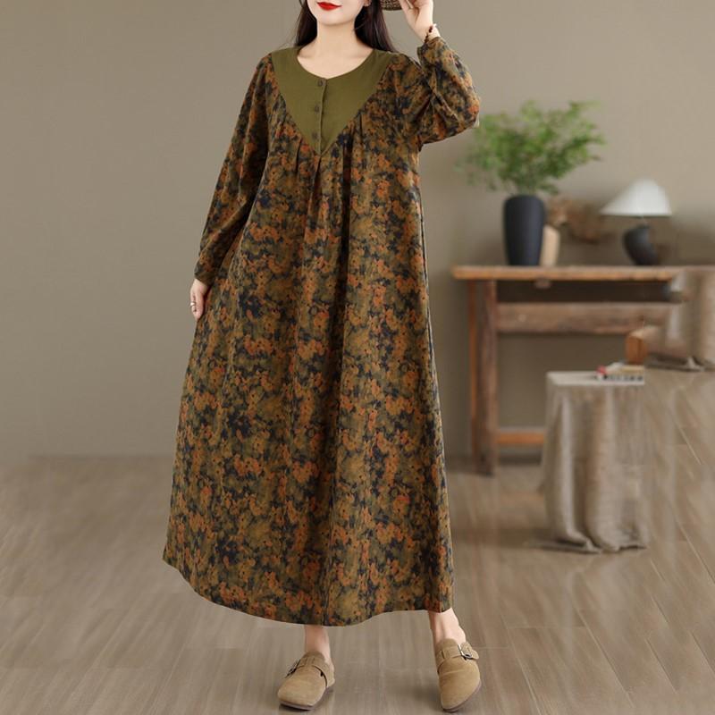 Sukienka bawełniana plus size z długim rękawem w stylu vintage w kwiaty nowość sukienki dla kobiet codzienna luźna wiosenna jesienna sukienka
