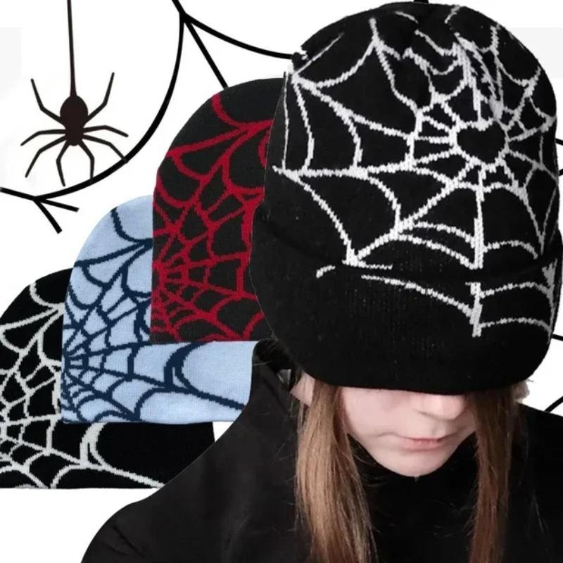 Retro Gothic Spider Web Jacquard Beanie for Women Men Caps Unisex Knitted Warmer Hip Hop Unisex Elastic Knit Hat Skull Cap