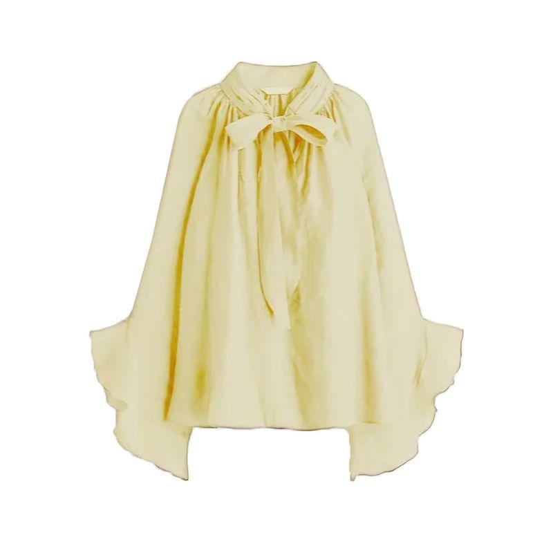 Summer New Product Women's Clothes Gathers Stand Collar Long Sleeves Fashion Casual Neckline Shoelace Sheer Top 1259011