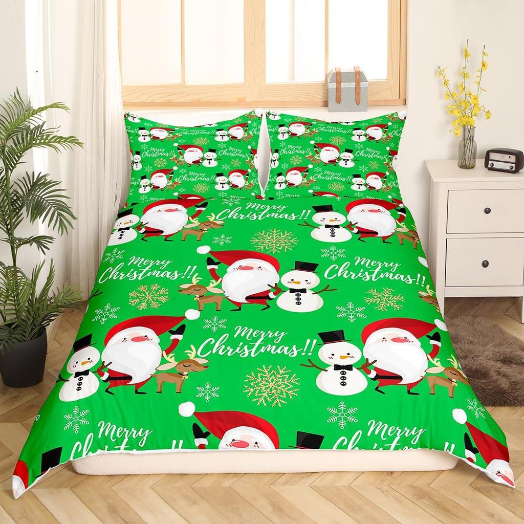 Red Three-Piece Quilt Cover Digital Printing Bedding Set Christmas Elk Snowflake Bed Cover