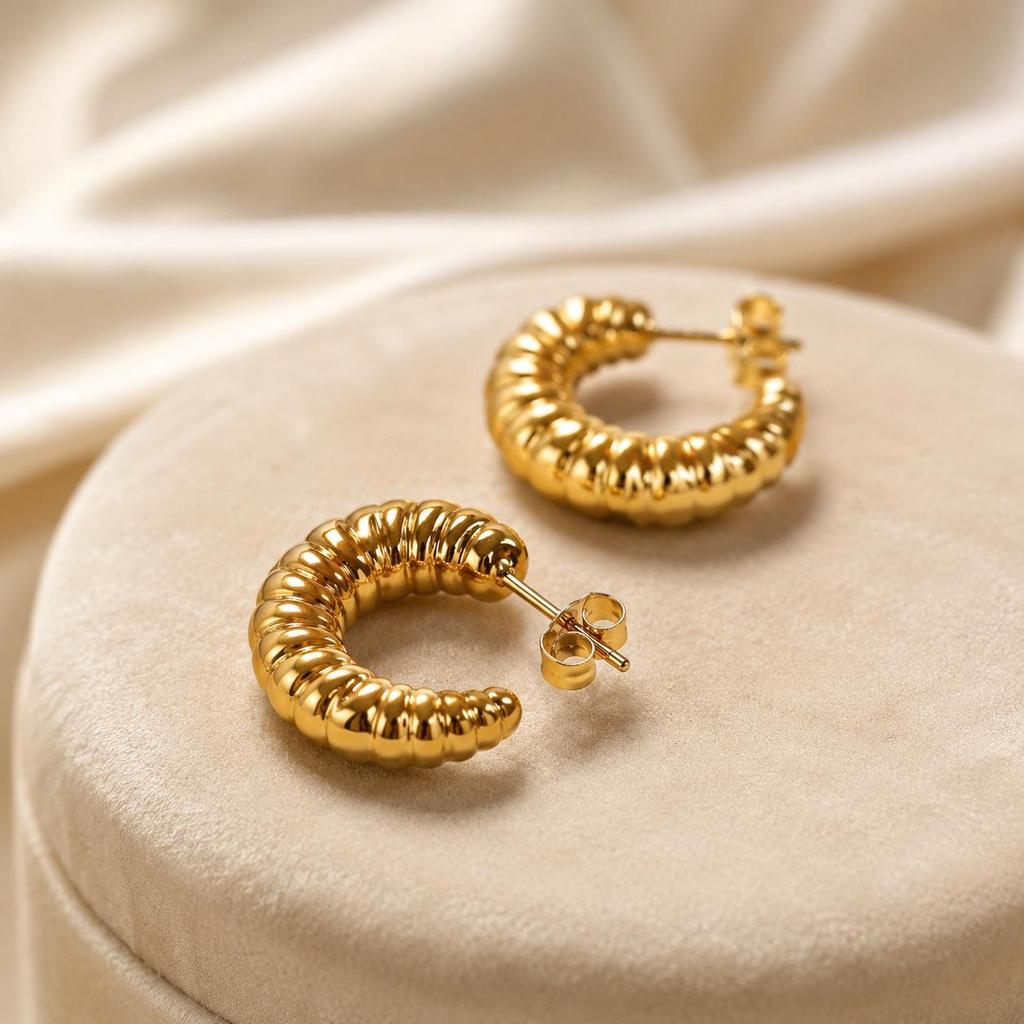European Luxury Ribbed Gold Stainless Steel Curved Earrings