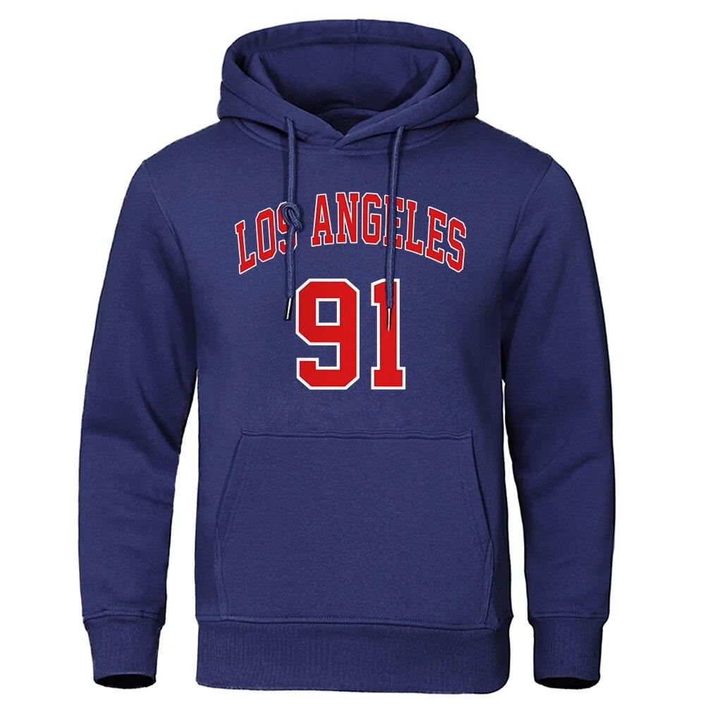 Los Angeles 91 Team Uniform Print Hooded Autumn Fleece Pullovers Oversized Loose Streetwear Comfortable Sweatshirts Fashion