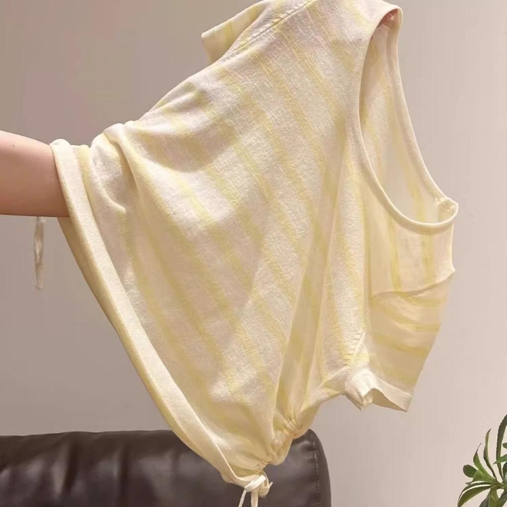 Yellow Striped Knitted Short-sleeved T-shirt Women's 1116 New Summer Pleated Waist Design Drawstring Spice Top