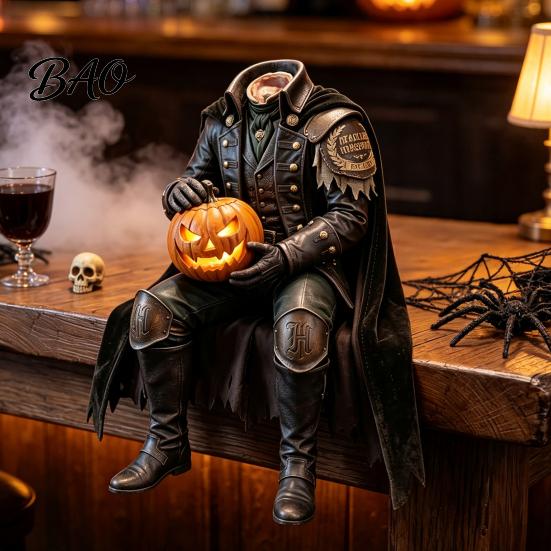 Headless Horseman Statue Resin with LED Warm Glow, Lighted Halloween Horror Figurine Sculpture, Gothic Tabletop Decor for Mantel Bookshelf And