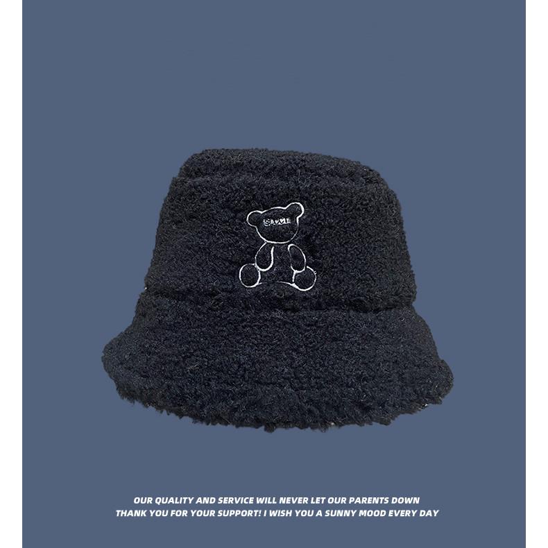 Embroidered Cartoon Bear Lamb Velvet Fisherman Hat Korean Style Trendy Winter Travel Versatile Warm Fashionable Sweet Pot Hat