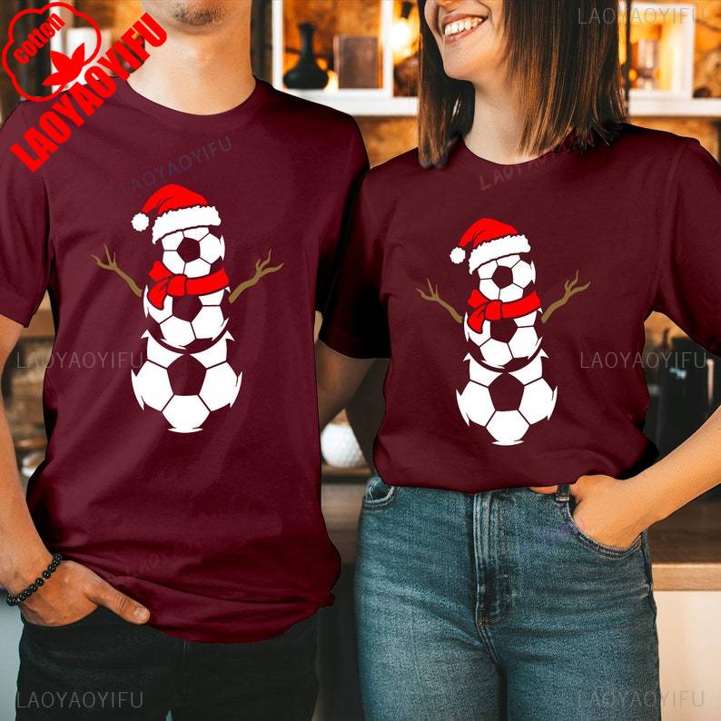 FOOTBALL SNOWUnisex Christmas Cotton TShirt Rudolph Reindeer Santa Hat Festival Gift Soccer Ball Costume Xmas Family Holiday Shirt